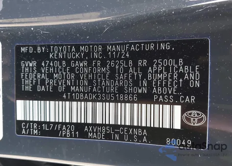 2025 Toyota Camry Le из США, поврежденный, VIN 4T1DBADK3SU518866